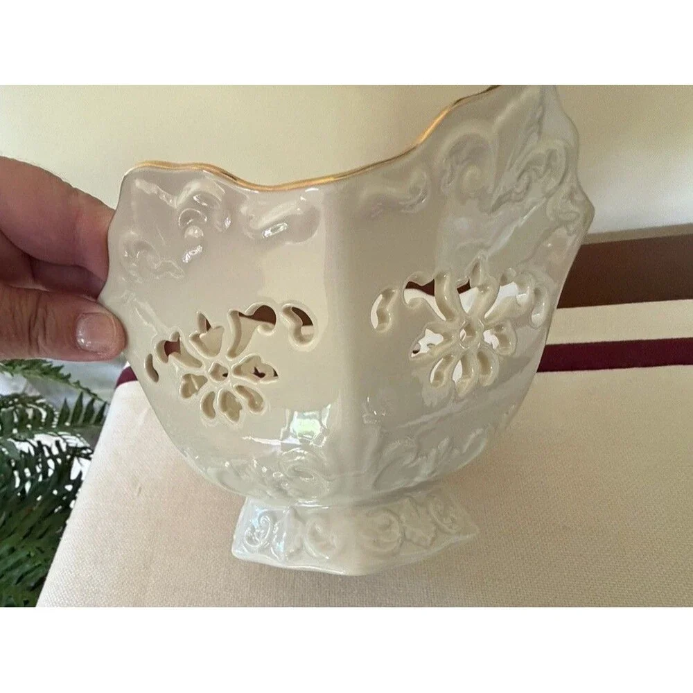 Lenox Langtry Ivory Porcelain Bowl 24K Gold Trim & Cut-Out Details Made In USA